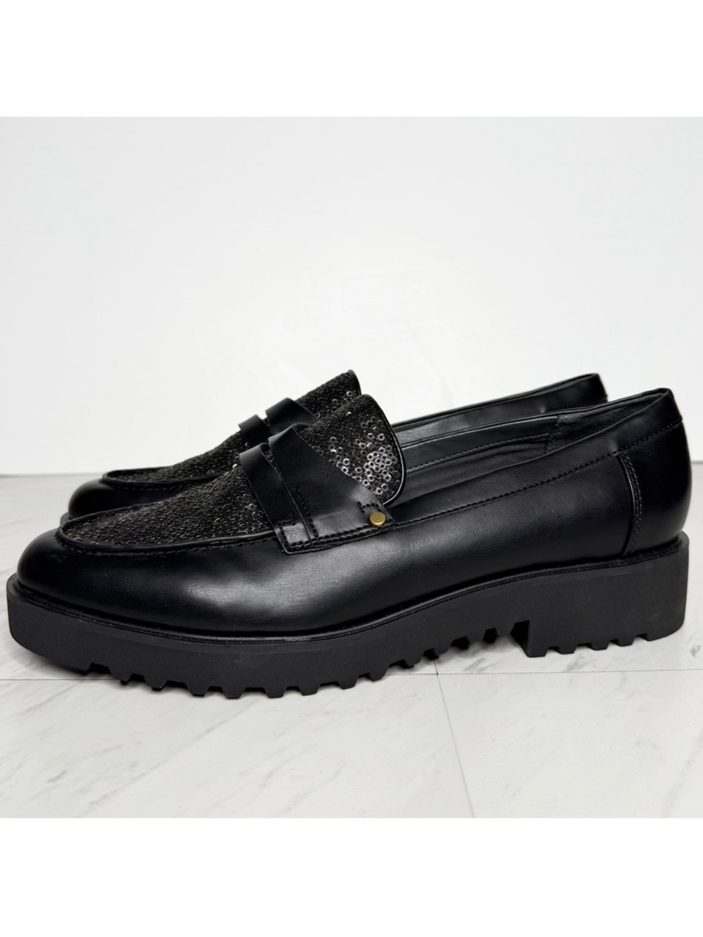 Franco Sarto Cassandra Black Sequin Penny Loafer 10M